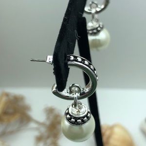 Silver Beaded Oval faux Pearl Drop Earrings